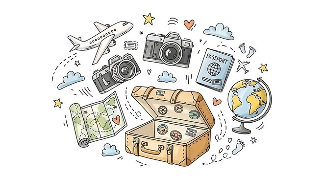 Hand drawn doodle illustration of travel essentials: airplane, cameras, passport, map, globe, and open suitcase, perfect for global adventure and journey planning projects.