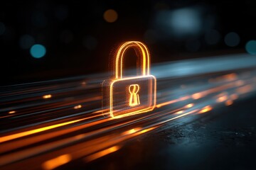 Glowing digital padlock on a fast-moving, abstract light-trail background