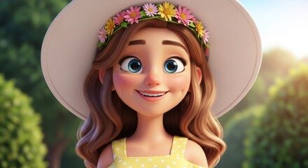 Cute animated girl with dimples and a floral crown