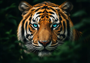 Fototapeta premium A close-up portrait of a Bengal tiger with striking blue eyes