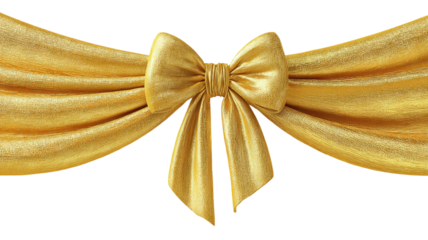Golden silk ribbon bow knot curtain for festive holiday gift decoration isolated on white