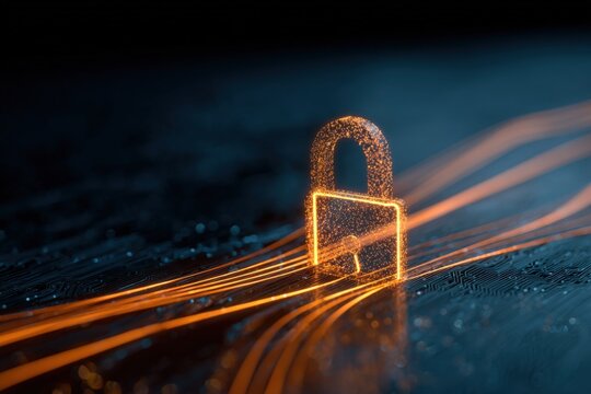 Glowing digital padlock with light trails on dark, circuit-like background