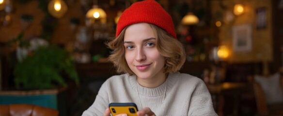 Young woman immersed in a colorful mobile game at a comfortable cafe environment