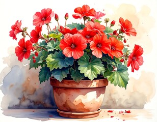 A watercolor potted geranium bursting with red blooms against a soft, hazy background