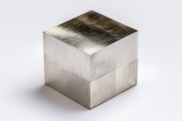 brushed titanium cube with clean edges on a neutral white background