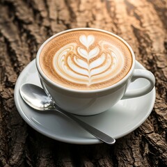 White cup of latte with heart art sits on a saucer with spoon.