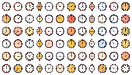 An array of assorted analog clocks with diverse designs and colored faces all set to different times