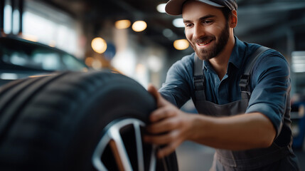 Mechanic changing tire in modern automotive repair workshop faceless professional defocused service bay background wheel maintenance scene vehicle service moment with copy spa