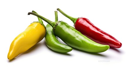 Four colorful chili peppers on a white background