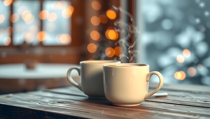Two cups of coffee on a wooden table. Big windows out to a winter landscape.