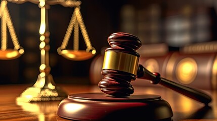 A wooden judge's gavel and scales of justice on a wooden desk in a courtroom.