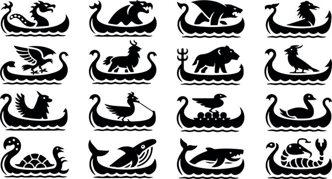 Collection of 16 black viking longship figureheads with mythical creatures and animals dragon bear