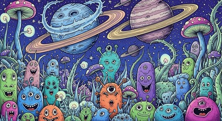 Whimsical alien planet landscape with cartoon monsters, vibrant glowing fungi, and ringed planets under a starry cosmic sky, playful fantasy art.