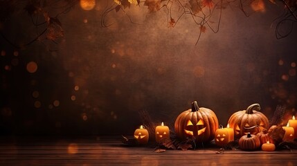 A Halloween pumpkin with a carved face and lit candle inside, surrounded by autumn leaves and candles on a wooden table against a dark background.