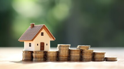 A miniature model of a house placed on a stack of coins against a blurred green background.