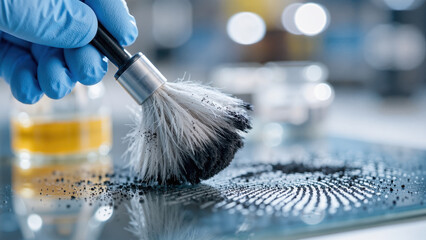 close up of a forensic technician using a brush to reveal fingerprint patterns on a smooth surface during evidence examination