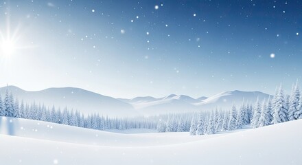 A serene winter landscape with snow-covered mountains, pine trees, and a clear blue sky with snowflakes falling.