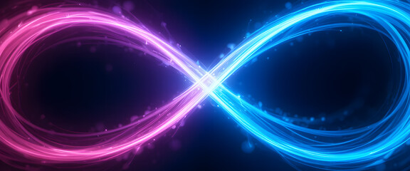 This image features an abstract infinity shape created with glowing blue and pink neon light trails. The dynamic swirling energy lines, sparkles, and smooth motion effects evoke themes of technology