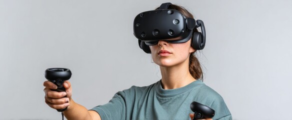 Woman wearing vr headset and motion controllers dancing through a digital wonderland.