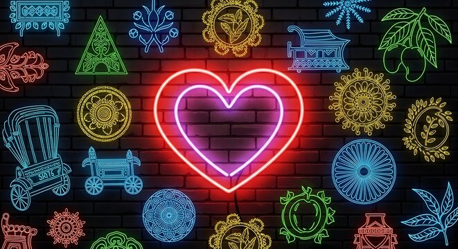 Neon heart surrounded by assorted neon signs on dark background