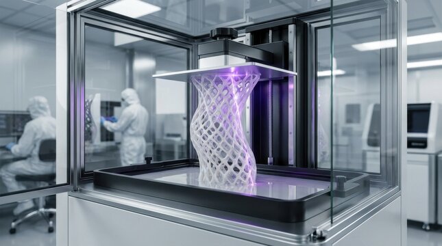 3D printing creates intricate plastic components in a manufacturing environment.