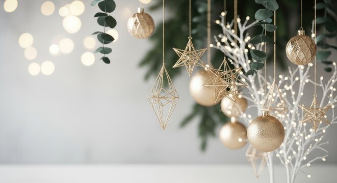 Christmas decorations hanging from a tree with lights and eucalyptus leaves.