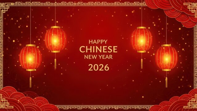 Happy chinese new year 2026. red lanterns, golden decor, traditional cultural festive backdrop.