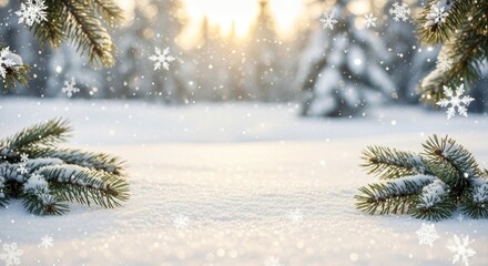 Snow-covered pine branches with snowflakes falling in a serene winter landscape.