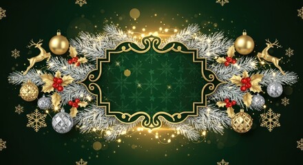 A festive green and gold Christmas wreath with gold reindeer and berries on a dark green background with snowflakes and stars.