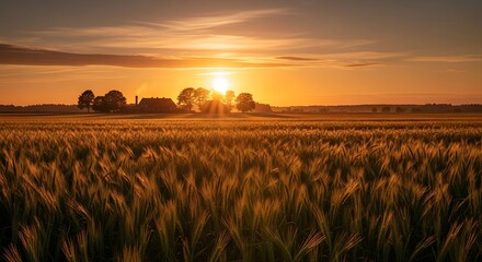 Golden sunrise illuminates a vast barley field and distant farm buildings.