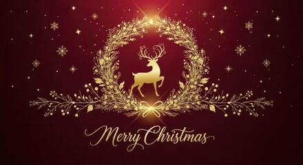 A golden deer in a festive wreath with stars and snowflakes on a red background.