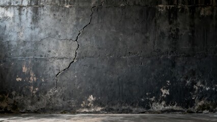 Obraz premium Dilapidated concrete wall exhibits prominent vertical fissure and dark staining across its surface
