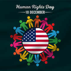 An illustration for Human Rights Day on December 10, featuring a diverse circle of colorful human silhouettes holding hands around a prominent US flag, symbolizing American values of equality & unity