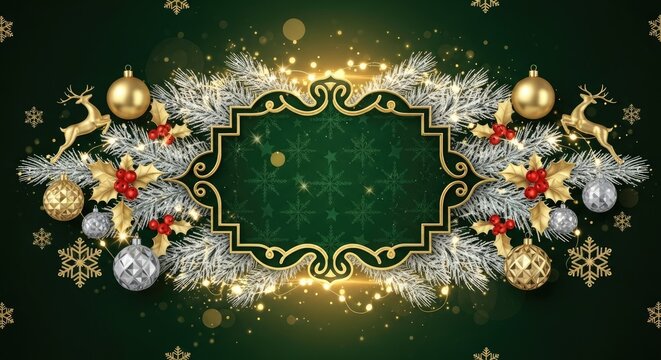 A festive green and gold Christmas wreath with gold reindeer and berries on a dark green background with snowflakes and stars.