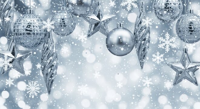 Christmas ornaments hanging against a snowy background with snowflakes and stars.