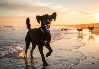 Happy dog runs through ocean waves at sunset with other dogs in background.