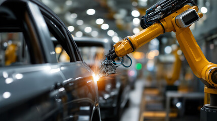 Automated robotic arm assembling vehicle on production line defocused factory background automotive manufacturing scene industrial automation moment with copy space