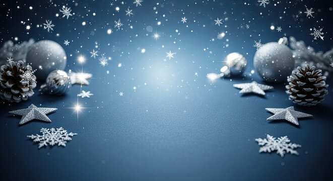 Christmas decorations on a blue background with snowflakes and pinecones.