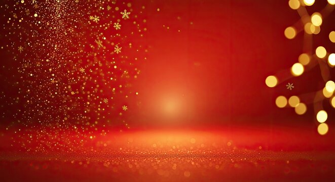 A festive red and gold Christmas background with snowflakes and a Christmas tree.