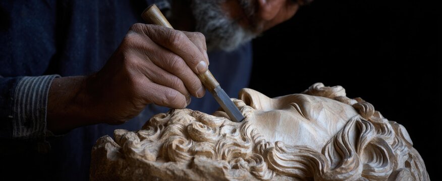 The artisan dances with hand tools coaxing life from the wood sculpture. - Powered by Adobe