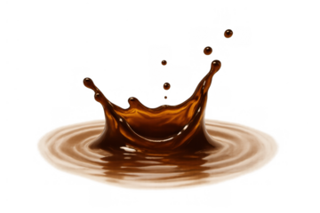 Coffee liquid splashing, forming a crown shape splash with drops and ripples, creating a dynamic brown beverage scene
