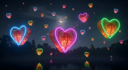 Glowing heart lanterns floating in a dark night sky celebration