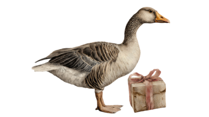 Greylag duck bird weith brown gift box isolated on a white background with a large beak, brown and white feathers, and one wild waterfowl