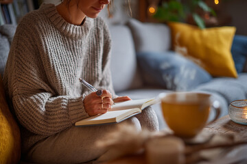 A woman journaling in a notebook on the couch with a steaming cup of tea.