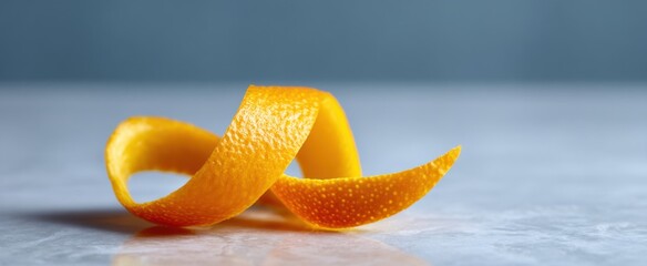 A vibrant orange peel twist garnish lies elegantly on a sleek smooth surface