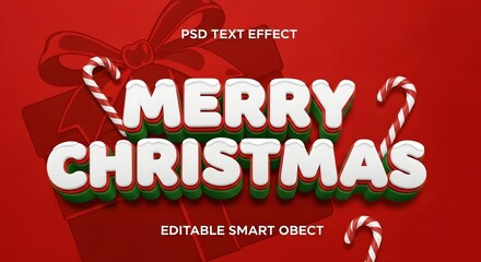 Merry christmas 3d text effect with candy canes on a festive red background, perfect for holiday greetings, banners, and seasonal designs