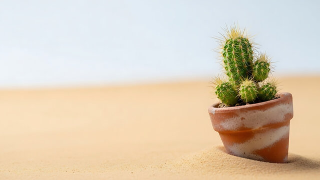 A small cactus plant in a terracotta pot sits on a sandy surface with a blurred background.