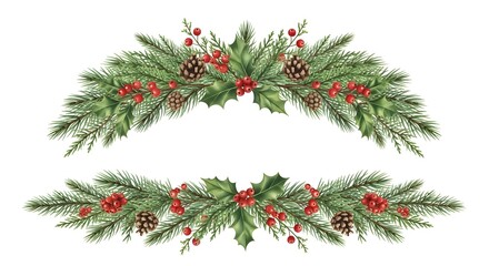 Watercolor christmas garland with fir branches, red berries, holly leaves, and pinecones, perfect for holiday season decoration, isolated on white background