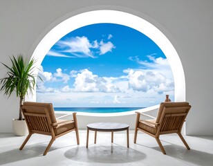 Bright airy room, two chairs facing ocean view through arched window, indoor plant