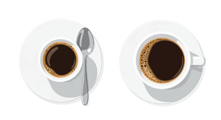 Realistic flat 2D vector illustration showcasing both the top and side views of a full white cup of Americano coffee and a small silver spoon, cleanly isolated against a white background.